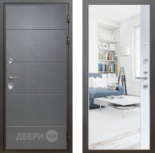 Входная металлическая Дверь Шелтер (SHELTER) Комфорт Лофт графит 14 с зеркалом Белый матовый в Павловском Посаде