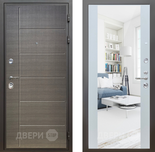 Входная металлическая Дверь Шелтер (SHELTER) Комфорт Лен сильвер 13 с зеркалом Белый матовый в Павловском Посаде