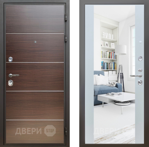 Дверь Шелтер (SHELTER) Комфорт Венге структурный горизонт 13 с зеркалом Белый матовый в Павловском Посаде