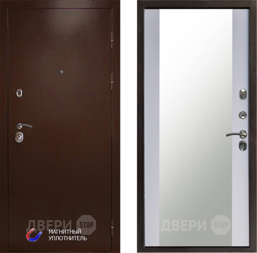 Входная металлическая Дверь Престиж Медь Зеркало Белый софт в Павловском Посаде