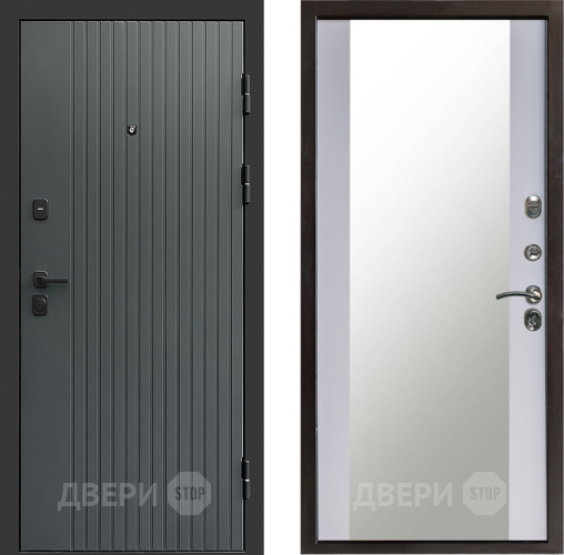 Входная металлическая Дверь Престиж Tvist Grey Зеркало Белый софт в Павловском Посаде