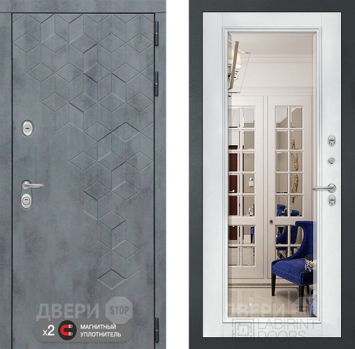 Дверь Лабиринт (LABIRINT) Бетон Зеркало Фацет с багетом Белый софт в Павловском Посаде