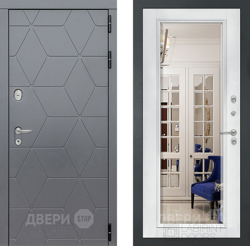 Входная металлическая Дверь Лабиринт (LABIRINT) Cosmo Зеркало Фацет с багетом Белый софт в Павловском Посаде