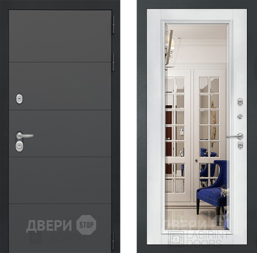 Дверь Лабиринт (LABIRINT) Art Зеркало Фацет с багетом Белый софт в Павловском Посаде