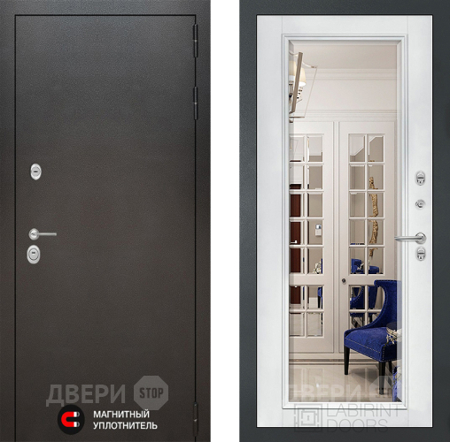 Дверь Лабиринт (LABIRINT) Silver Зеркало Фацет с багетом Белый софт в Павловском Посаде