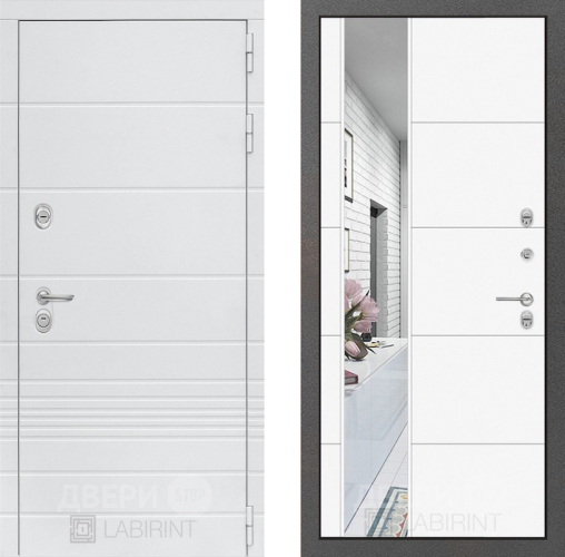 Входная металлическая Дверь Лабиринт (LABIRINT) Трендо Зеркало 19 Белый софт в Павловском Посаде