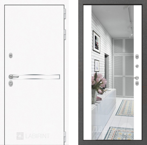 Входная металлическая Дверь Лабиринт (LABIRINT) Лайн White Зеркало Максимум Белый софт в Павловском Посаде