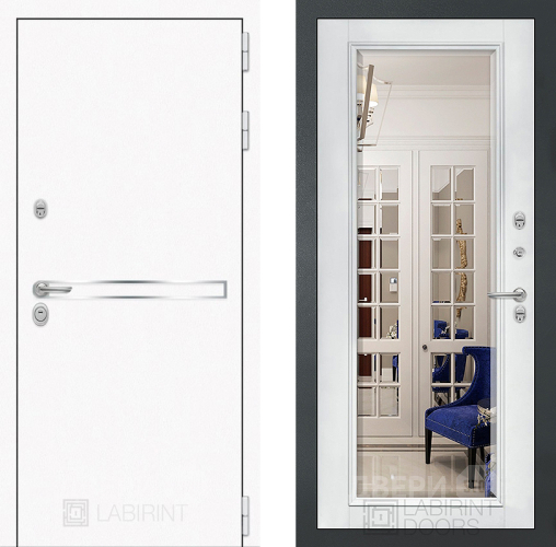 Входная металлическая Дверь Лабиринт (LABIRINT) Лайн White Зеркало Фацет с багетом Белый софт в Павловском Посаде