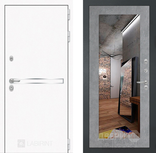 Входная металлическая Дверь Лабиринт (LABIRINT) Лайн White Зеркало 18 Бетон светлый в Павловском Посаде