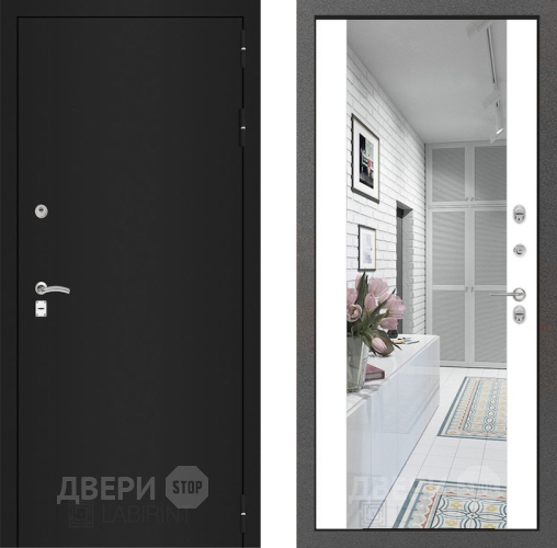 Дверь Лабиринт (LABIRINT) Classic шагрень черная Зеркало Максимум Белый софт в Павловском Посаде