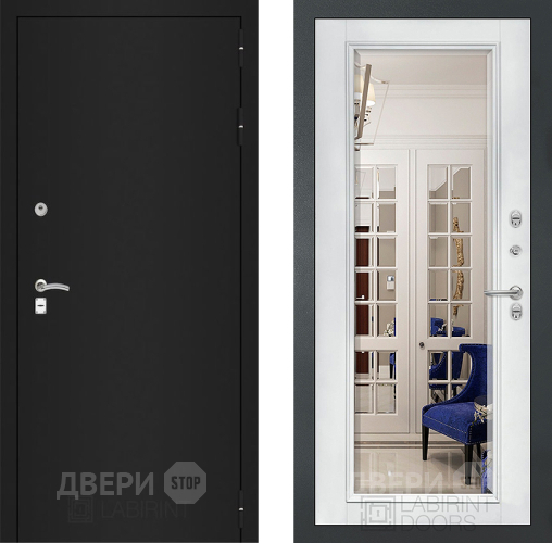 Дверь Лабиринт (LABIRINT) Classic шагрень черная Зеркало Фацет с багетом Белый софт в Павловском Посаде