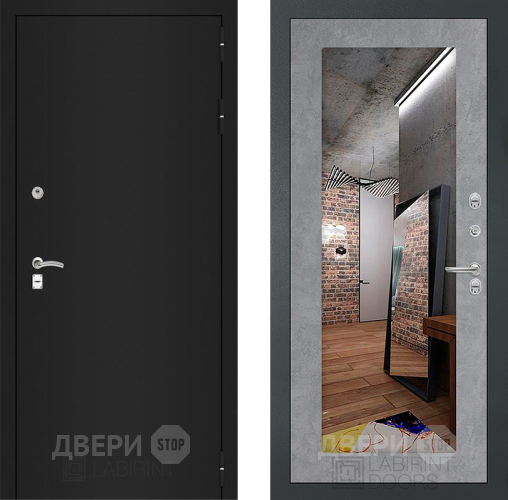 Дверь Лабиринт (LABIRINT) Classic шагрень черная Зеркало 18 Бетон светлый в Павловском Посаде