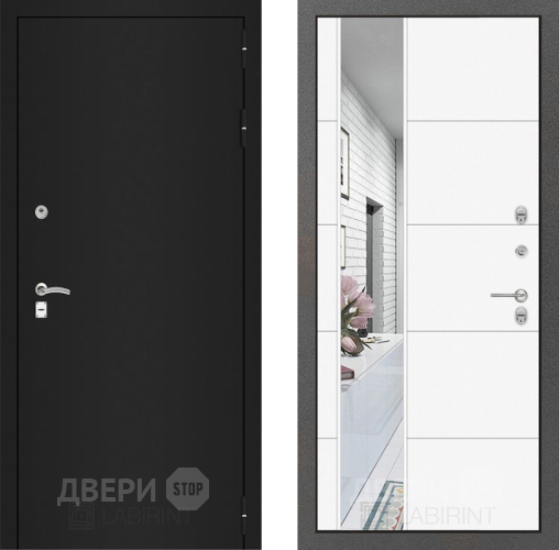 Входная металлическая Дверь Лабиринт (LABIRINT) Classic шагрень черная Зеркало 19 Белый софт в Павловском Посаде