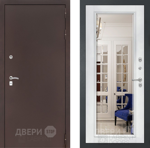 Входная металлическая Дверь Лабиринт (LABIRINT) Classic антик медь Зеркало Фацет с багетом Белый софт в Павловском Посаде