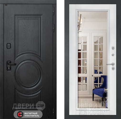 Входная металлическая Дверь Лабиринт (LABIRINT) Гранд Зеркало Фацет с багетом Белый софт в Павловском Посаде