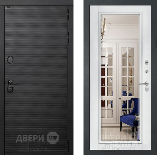 Входная металлическая Дверь Лабиринт (LABIRINT) Вулкано Зеркало Фацет с багетом Белый софт в Павловском Посаде