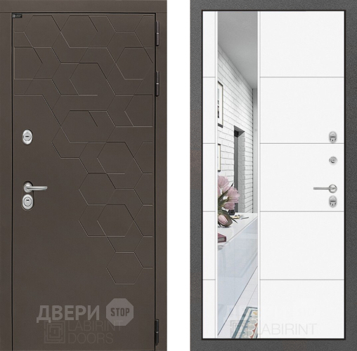 Входная металлическая Дверь Лабиринт (LABIRINT) Смоки Зеркало 19 Белый софт в Павловском Посаде