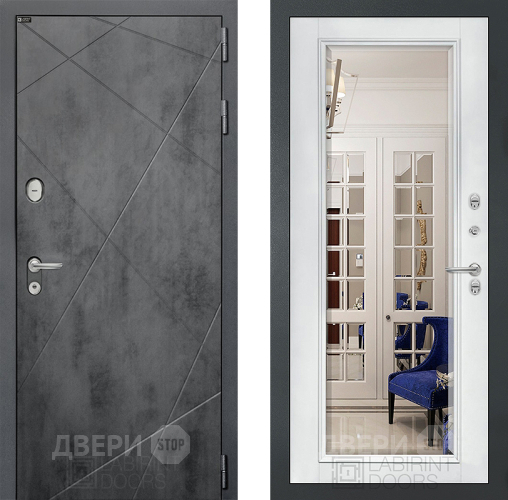 Входная металлическая Дверь Лабиринт (LABIRINT) Лофт Зеркало Фацет с багетом Белый софт в Павловском Посаде