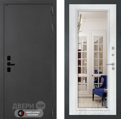 Входная металлическая Дверь Лабиринт (LABIRINT) Acustic Зеркало Фацет с багетом Белый софт в Павловском Посаде