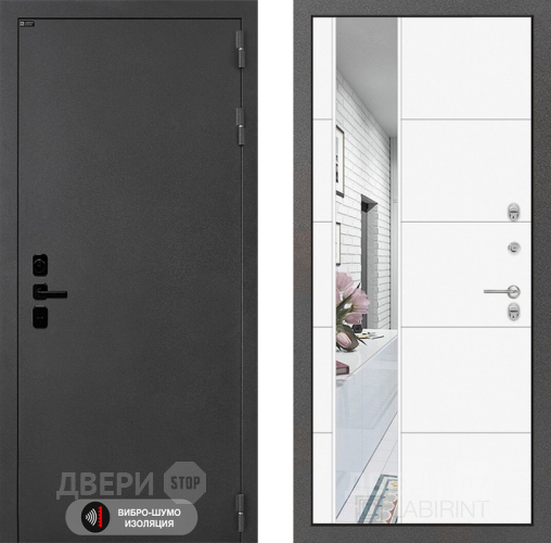 Входная металлическая Дверь Лабиринт (LABIRINT) Acustic Зеркало 19 Белый софт в Павловском Посаде