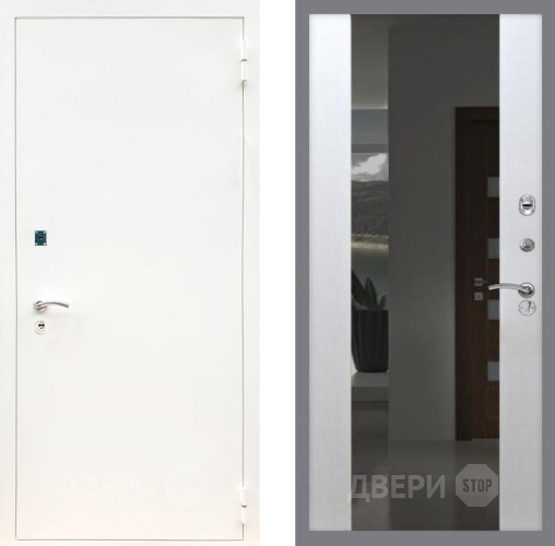Входная металлическая Дверь Рекс (REX) 1А Белая шагрень СБ-16 Зеркало Белый ясень в Павловском Посаде